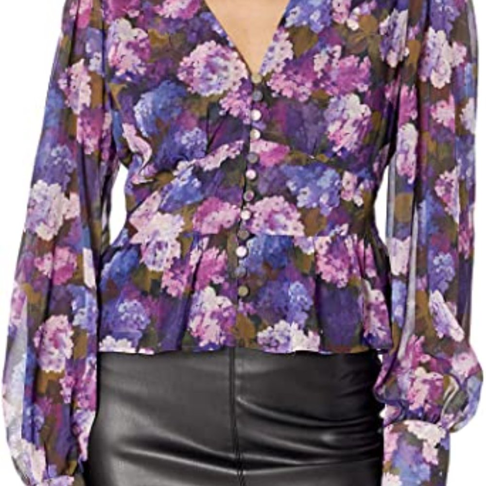 THE KOOPLES Long Sleeved V-Neck Top with Buttons flower Reflection Print Blouse